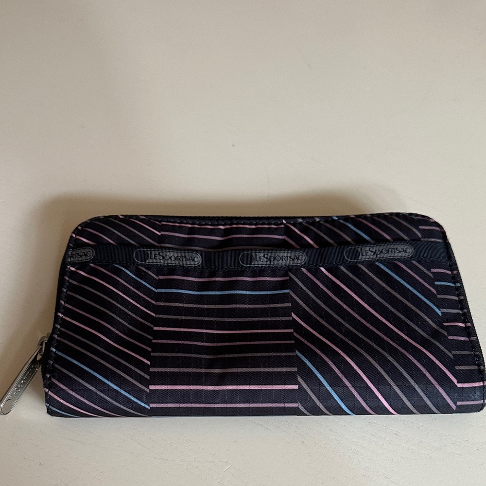 LeSportsac Black Wallet with Pink and Blue Stripes